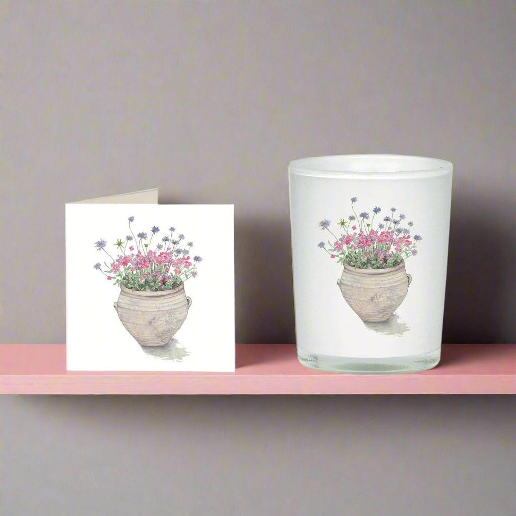 Lovely Boxed Candle and Card in Pot Design - Pretty Gift Set for all Occasions - Crumble and Core