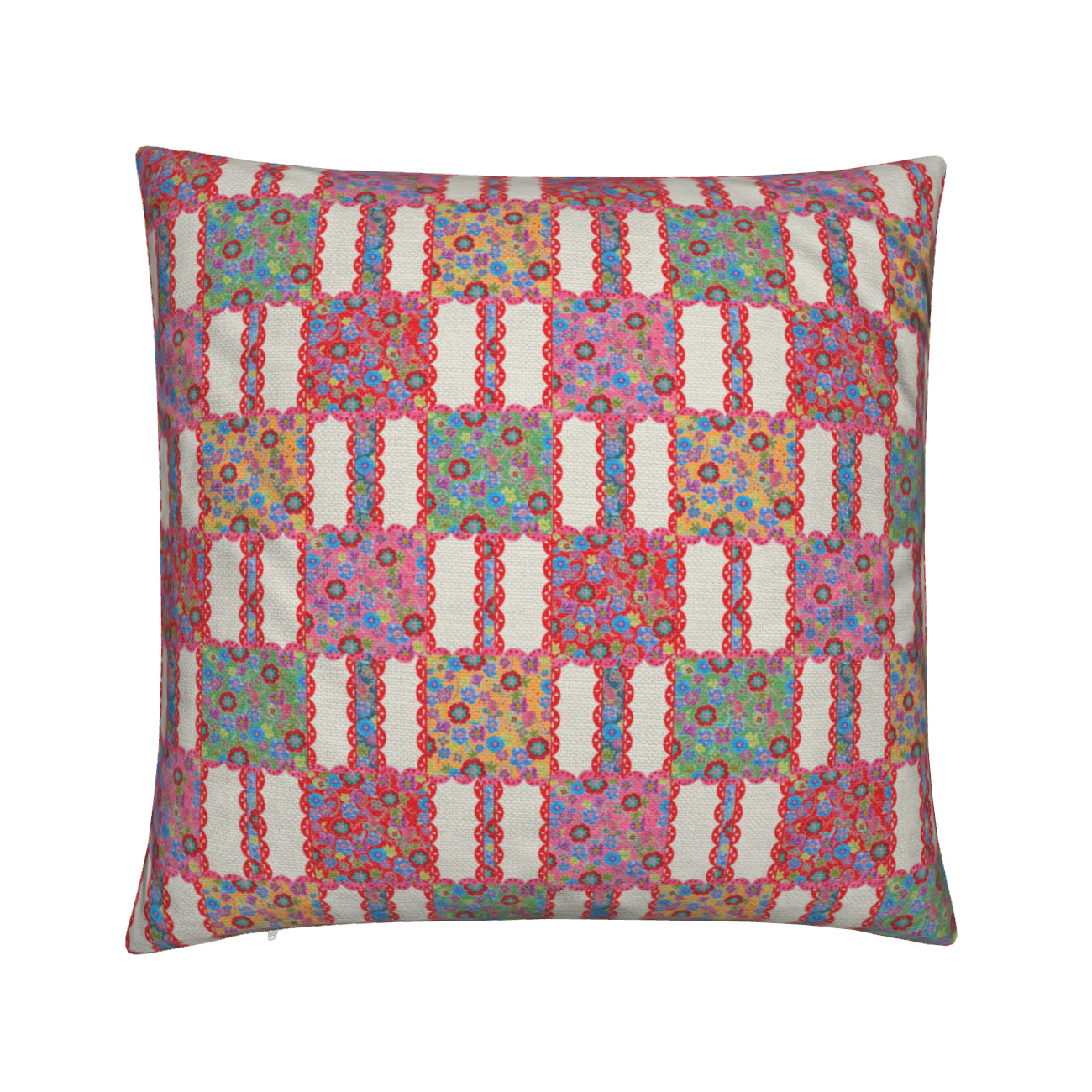 Square cushion with colorful floral patchwork pattern on a light background