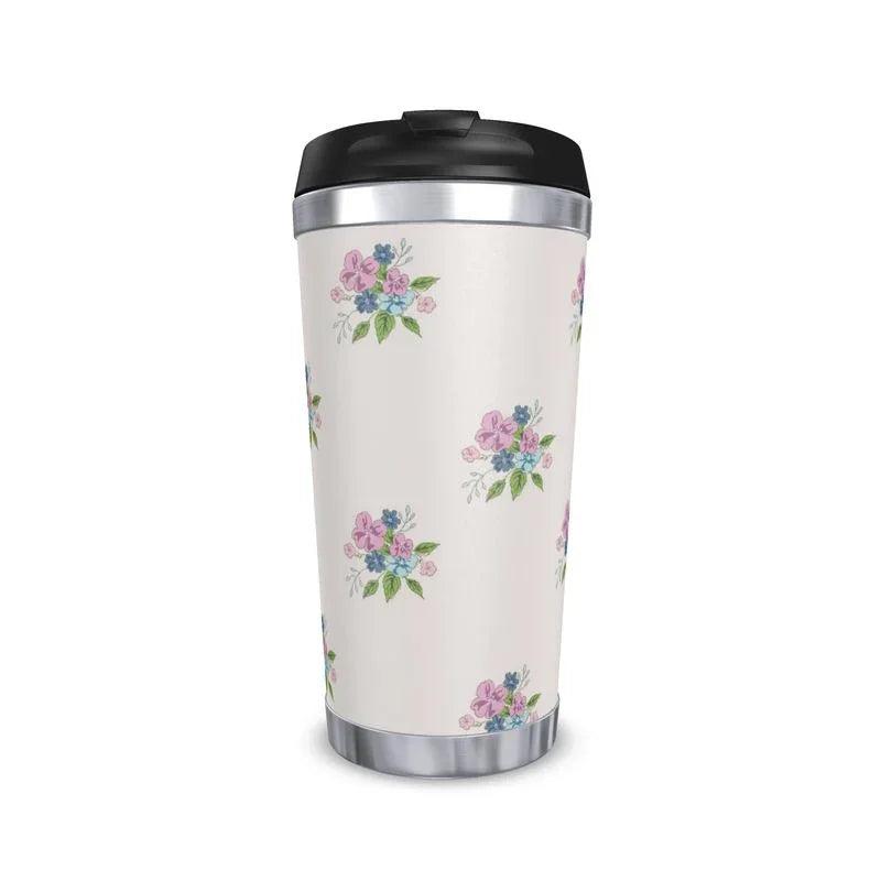 Travel mug with pastel floral pattern on white background and black lid