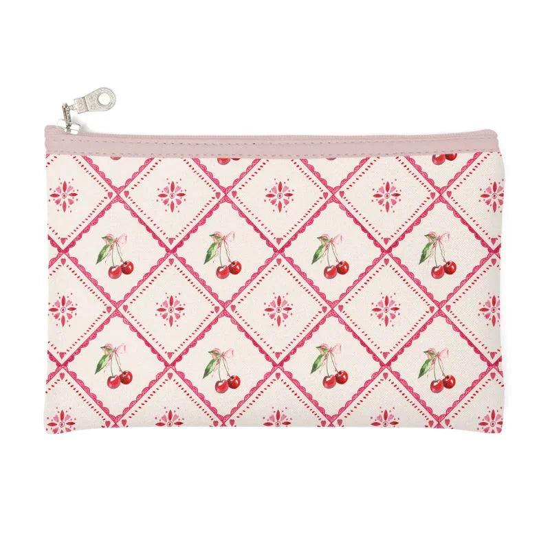 Zip-top pouch with cherry pattern and pink geometric design, makeup bag or pencil case