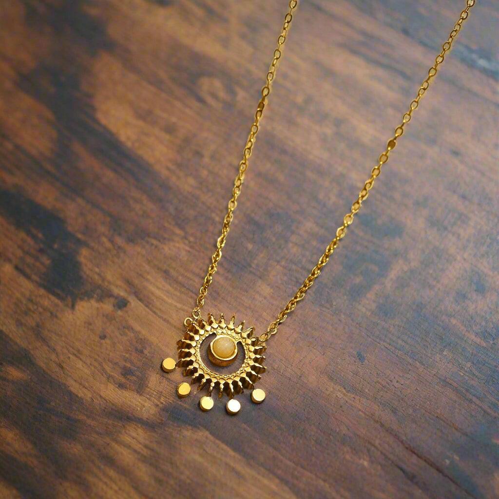 Gold Sun with White Stone Pendant Necklace