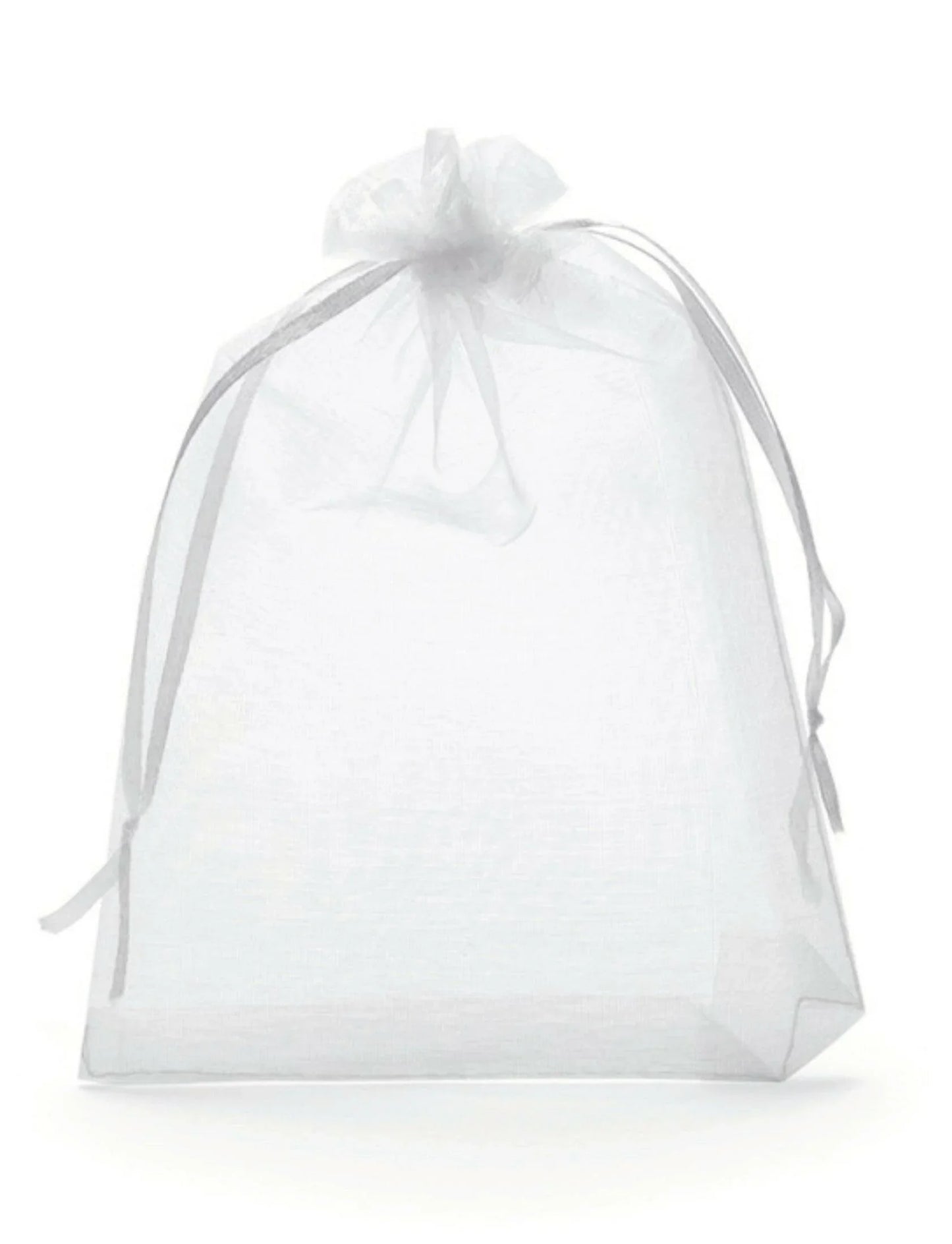 Sheer white organza gift bag with drawstring on a white background