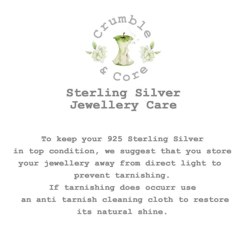 text and an illustration of a silver apple with flowers, accompanied by the text "Crumble & Core Sterling Silver Jewellery Care".