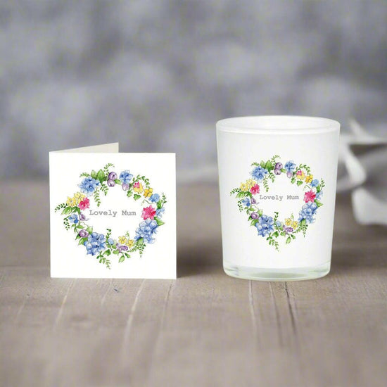 Hydrangea Mum Wreath Candle and Card Gift Set - Perfect for Any Occasion - Crumble and Core