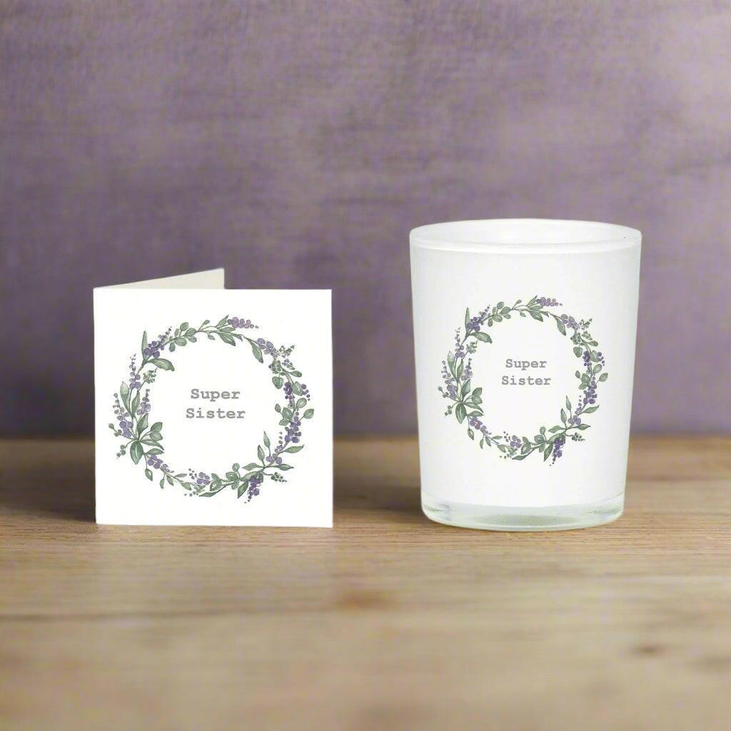 Lavender Sister Candle Gift Set - Handmade Wreath Greeting Card Included - Perfect for Your Sister - Crumble and Core