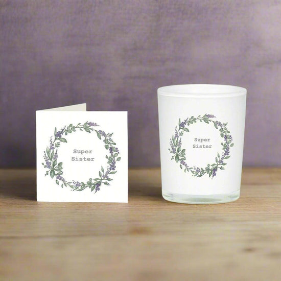 Lavender Sister Candle Gift Set - Handmade Wreath Greeting Card Included - Perfect for Your Sister - Crumble and Core