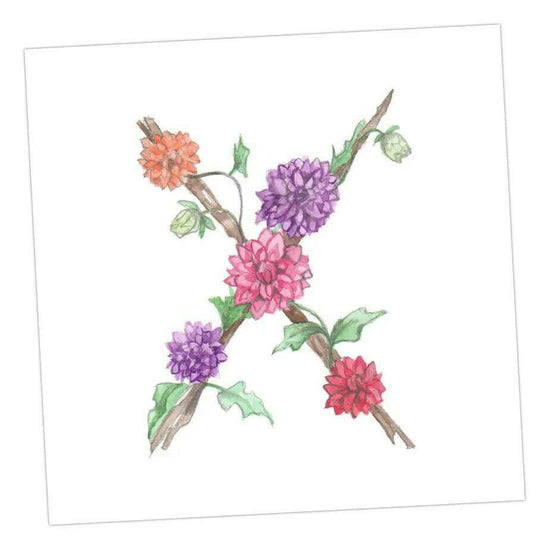 Floral Letter Alphabet Design Card X Letter Card - Handcrafted Alphabet Design for Invitations and Gifts - Perfect Card for Names beginning with X - All Occasions - Crumble and Core