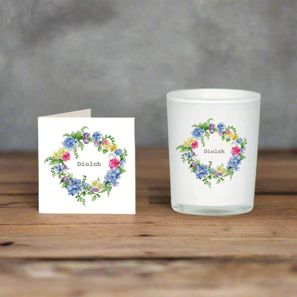Welsh Diolch Thank You Candle and Card Gift Set - Boxed for Easy Gifting - Crumble and Core