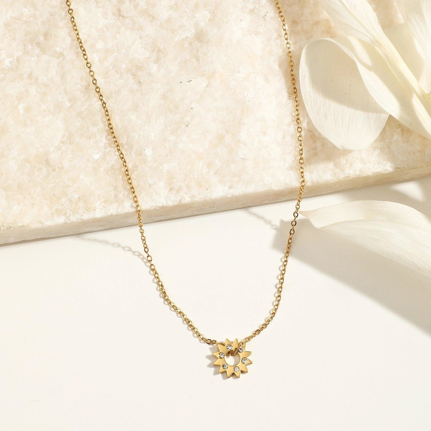 Gold Chain Necklace with Rhinestone Sun Pendant - Crumble and Core