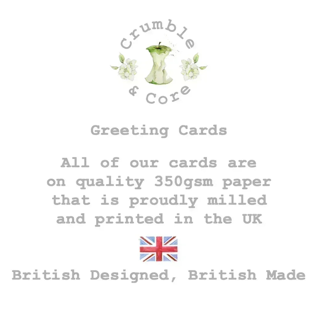 Greeting card info with British flag, quality 350gsm UK printed paper, British designed