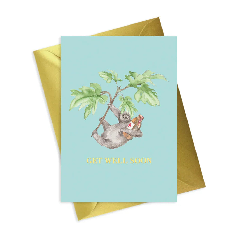 Get well soon card with watercolor sloth holding a medicine bottle, gold envelope, blue background