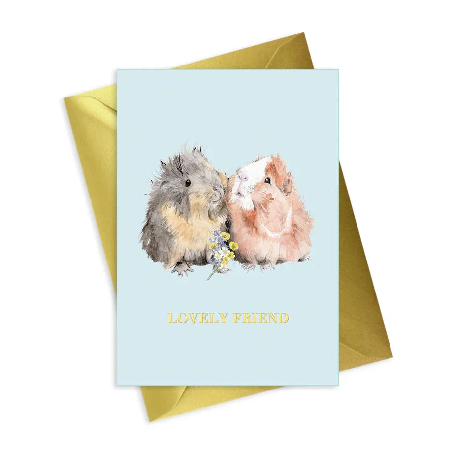Cute guinea pig friendship card with two illustrated guinea pigs and 'Lovely Friend' text
