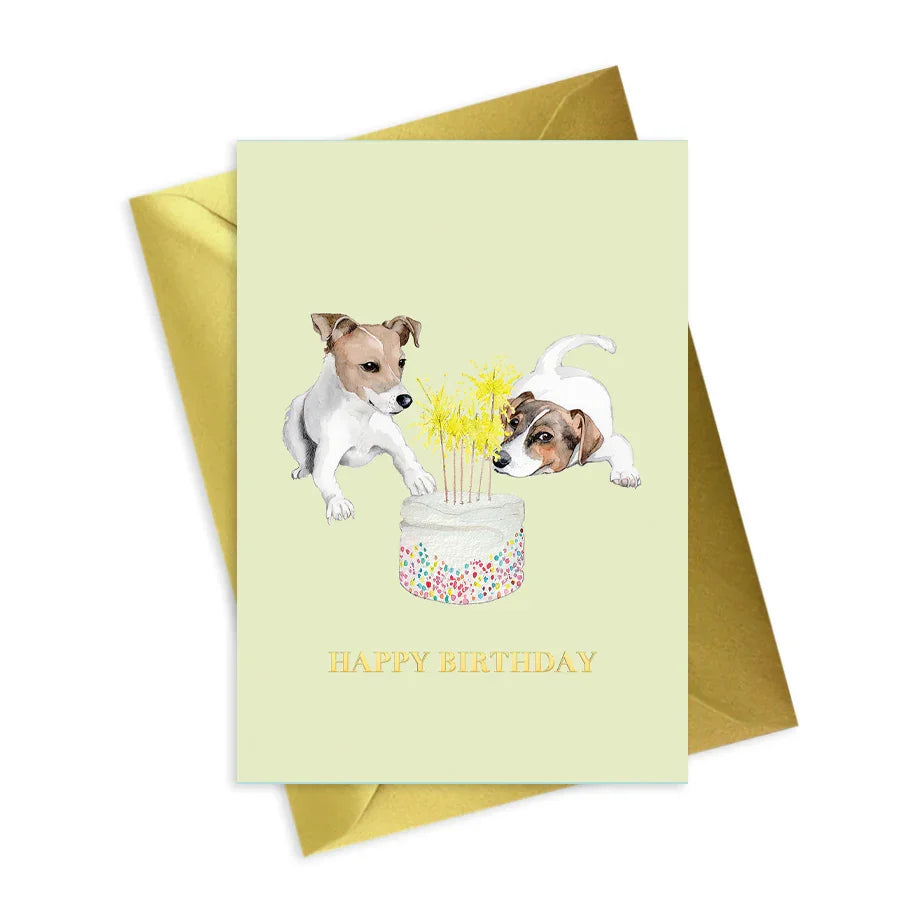 Birthday card with two Jack Russell dogs and a cake with candles, gold envelope