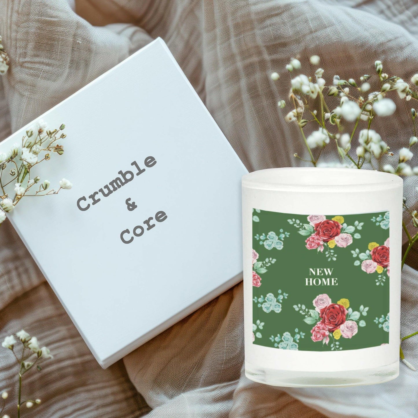 Floral Gift Set Bright Blooms Boxed Candle and New Home Card Perfect for Housewarming and Special Occasions - Crumble and Core