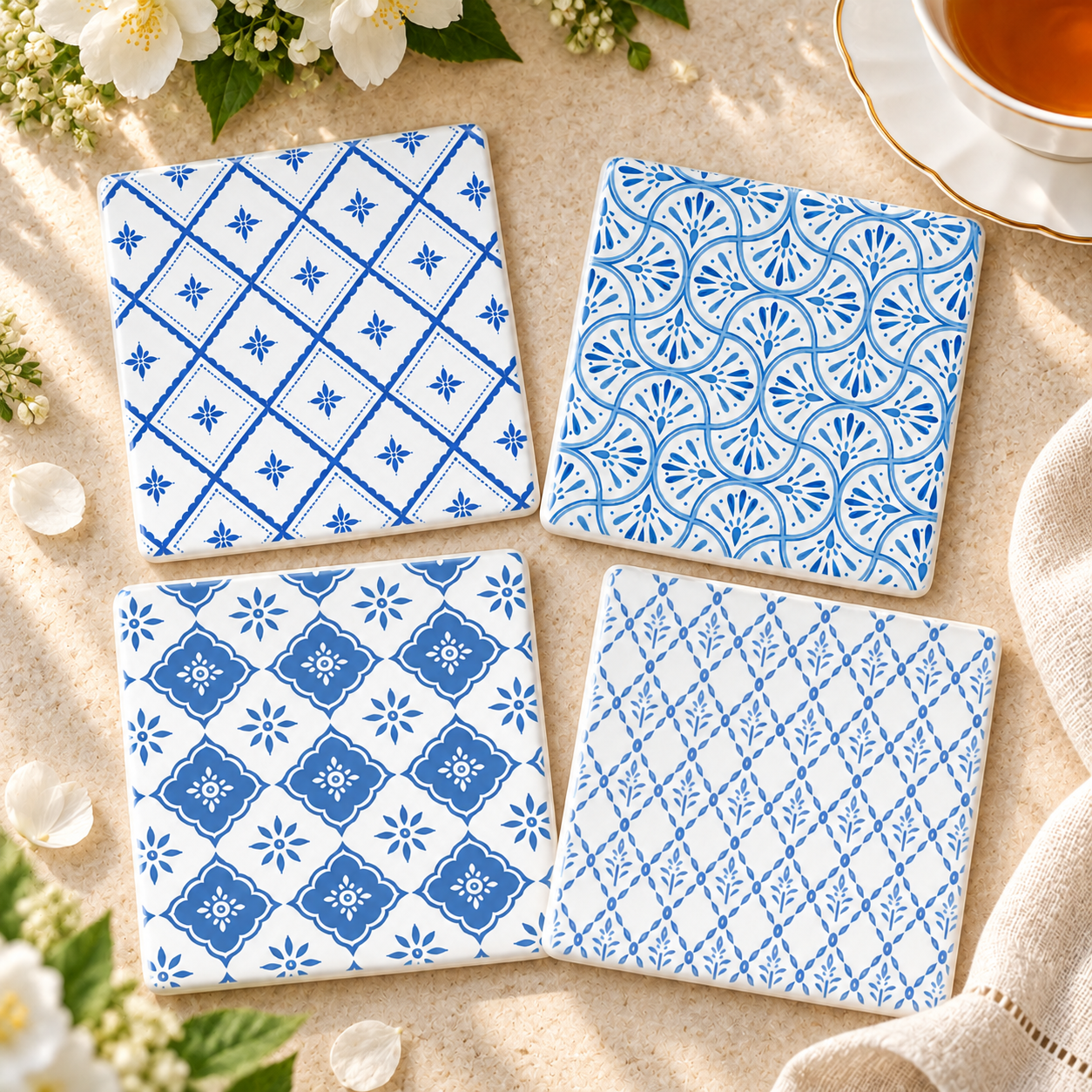 Blue Geometric Pattern Ceramic Coasters – Ribbon-Tied Set of Four