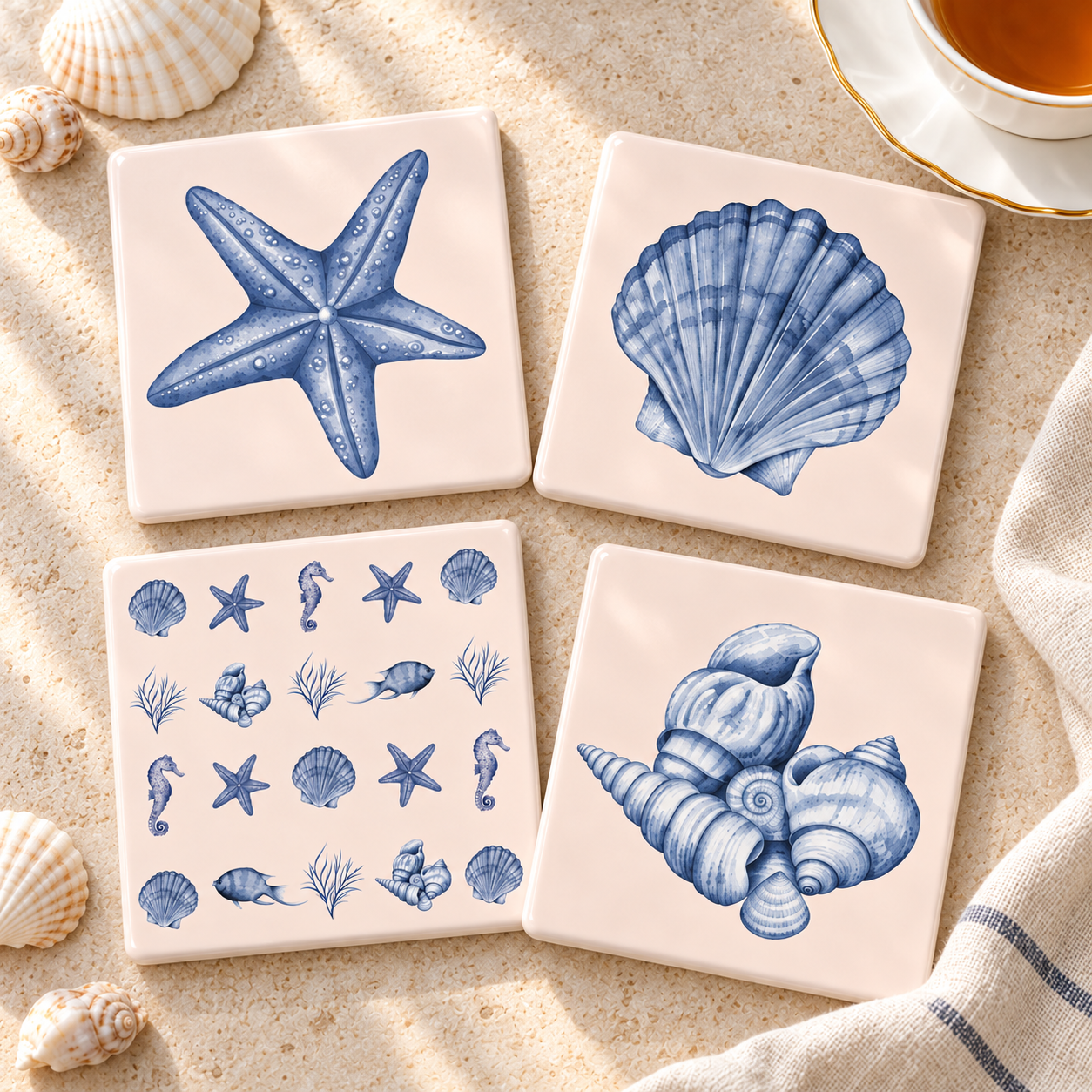 Blue Seaside Ceramic Coasters – Ribbon-Tied Set of Four