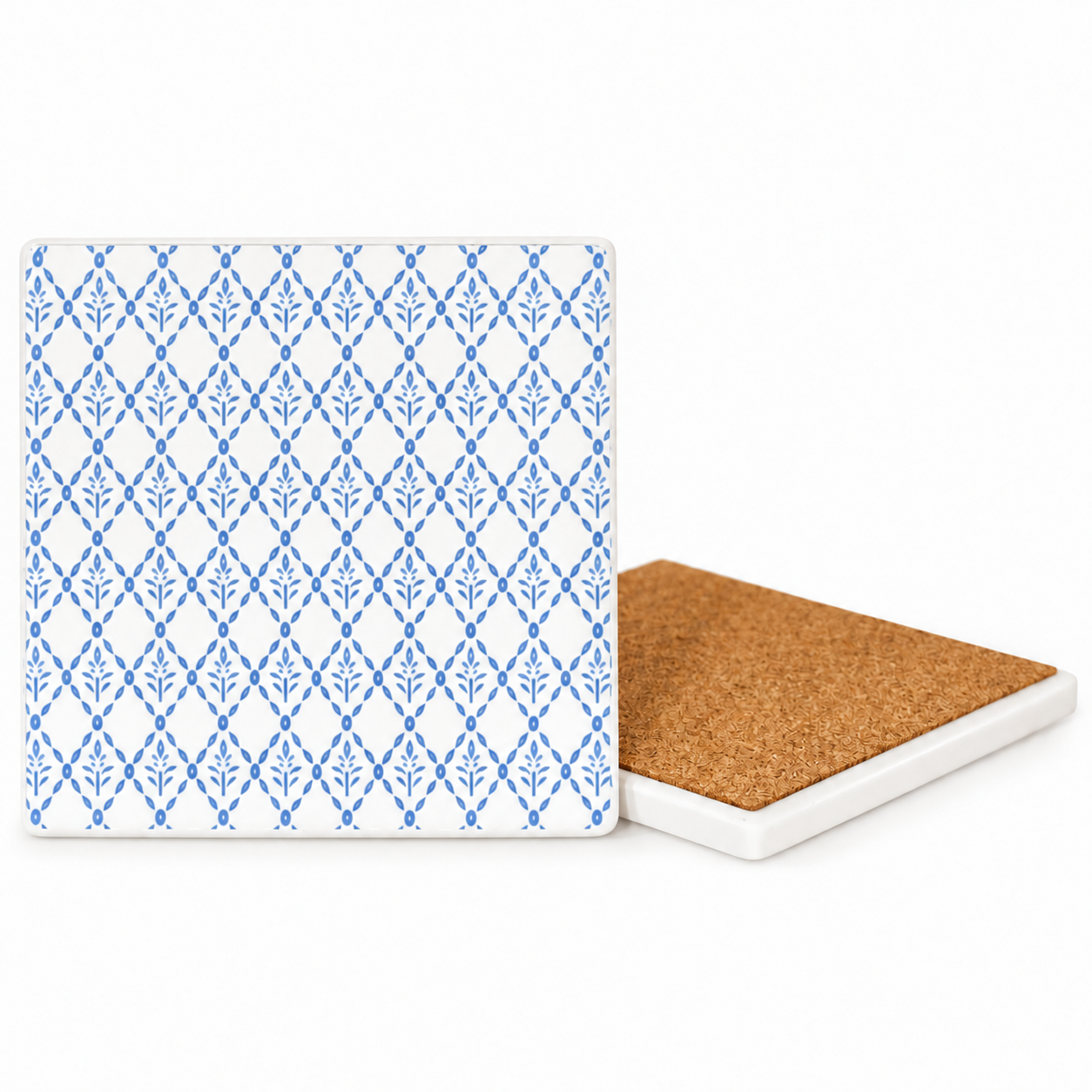 Blue Geometric Pattern Ceramic Coasters – Ribbon-Tied Set of Four