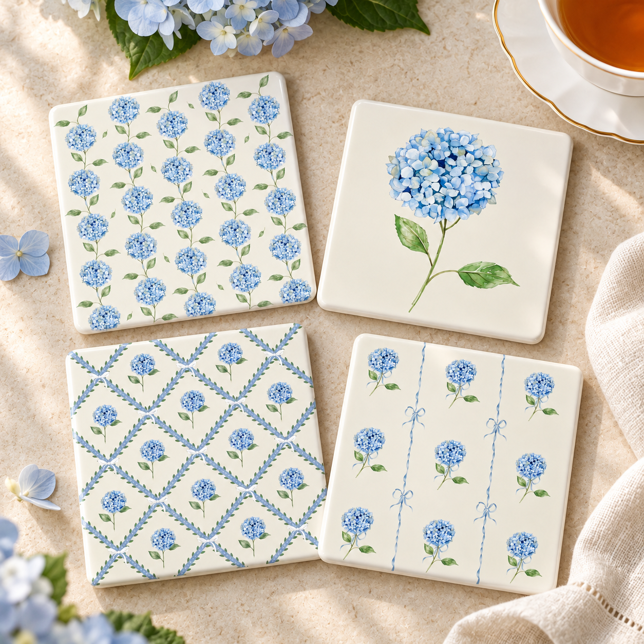 Blue Hydrangea Ceramic Coasters - Ribbon-Tied Set of Four