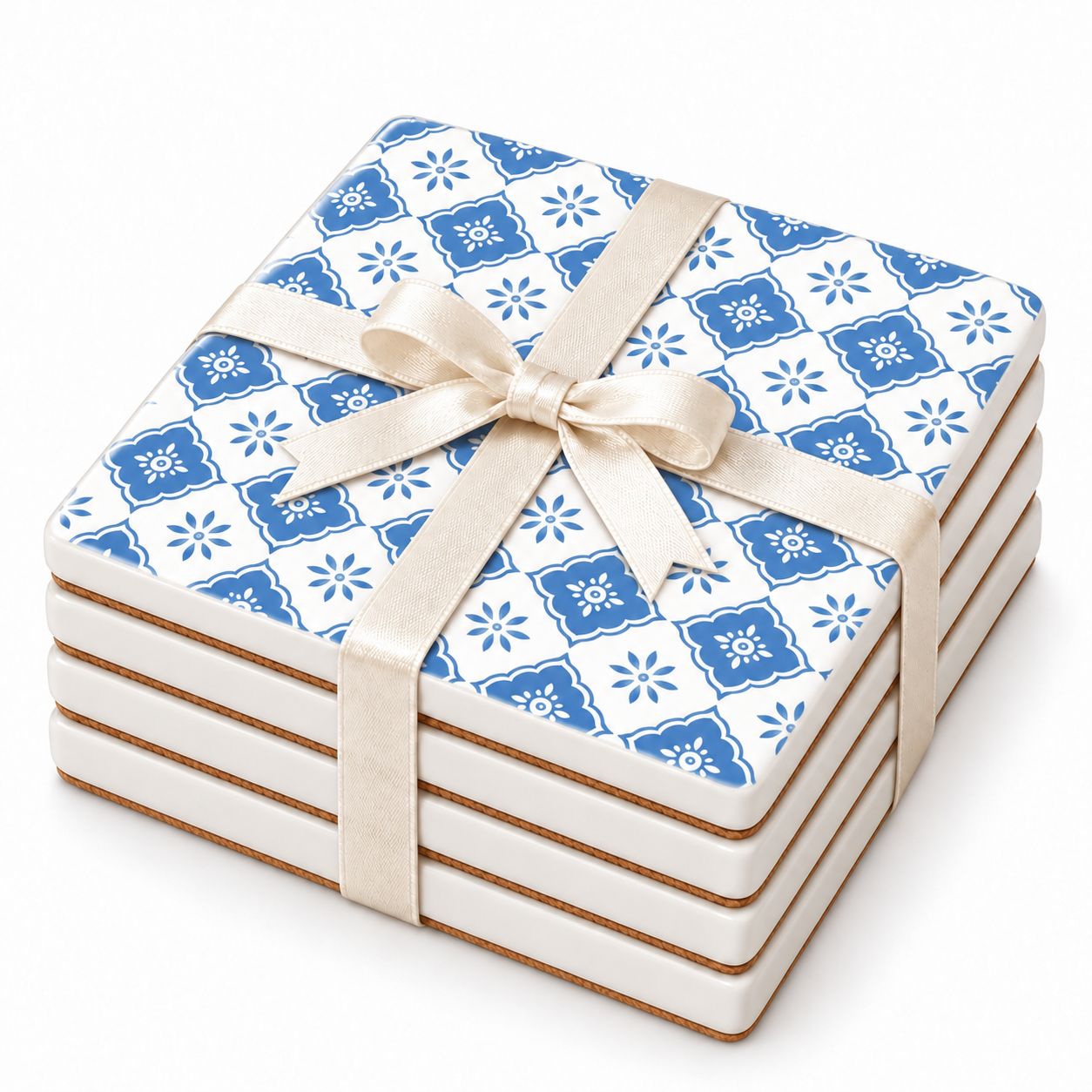 Blue Geometric Pattern Ceramic Coasters – Ribbon-Tied Set of Four
