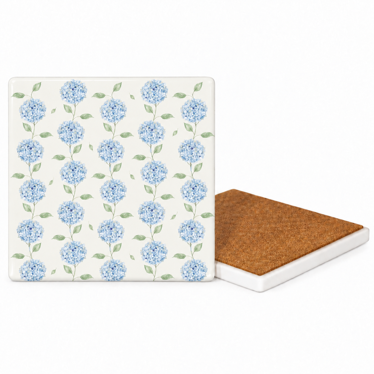 Blue Hydrangea Ceramic Coasters - Ribbon-Tied Set of Four
