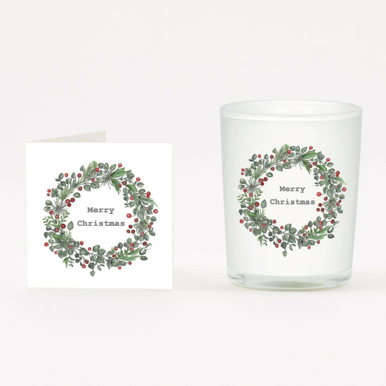 Christmas Wreath Candle with Card - Festive Holiday Decor and Greeting - Crumble and Core