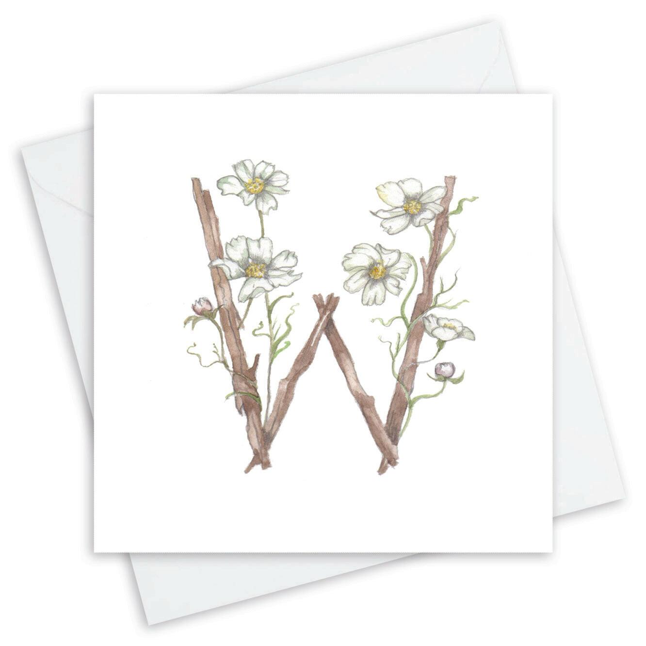 Monogrammed Floral Letter W Card - Alphabet Design Floral Alphabet Letter W Card - Perfect for Any Occasion - Handcrafted Alphabet Design for Invitations and Gifts - Perfect Card for Names beginning with W - All Occasions - Crumble and Core