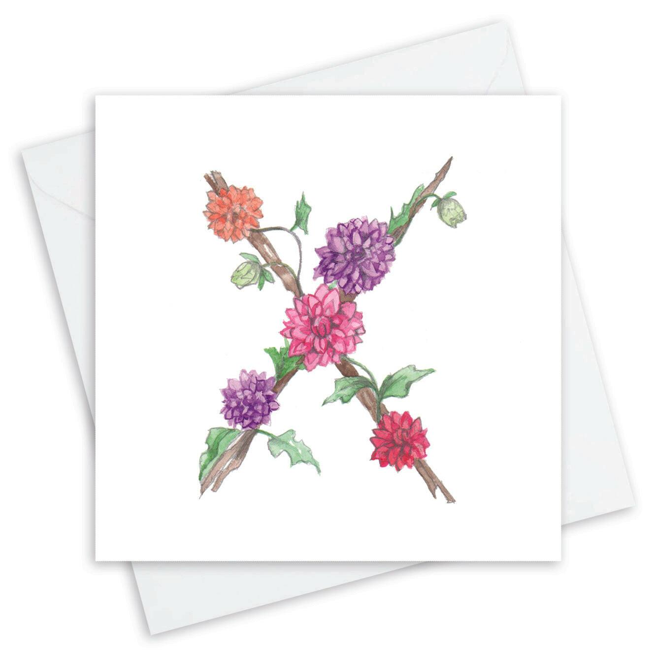 Floral Letter Alphabet Design Card X Letter Card - Handcrafted Alphabet Design for Invitations and Gifts - Perfect Card for Names beginning with X - All Occasions - Crumble and Core