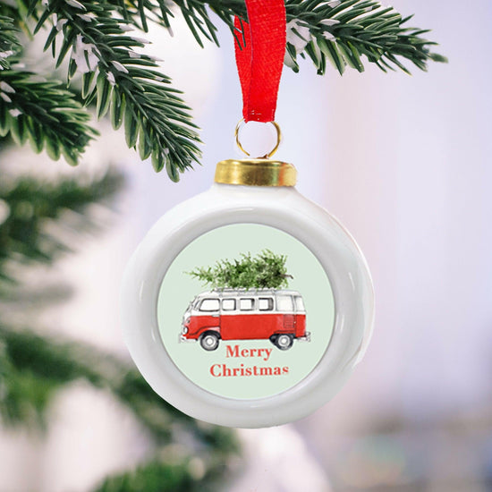 Hanging Ceramic Christmas Camper Van Bauble - Handmade Festive Christmas Decor - Crumble and Core
