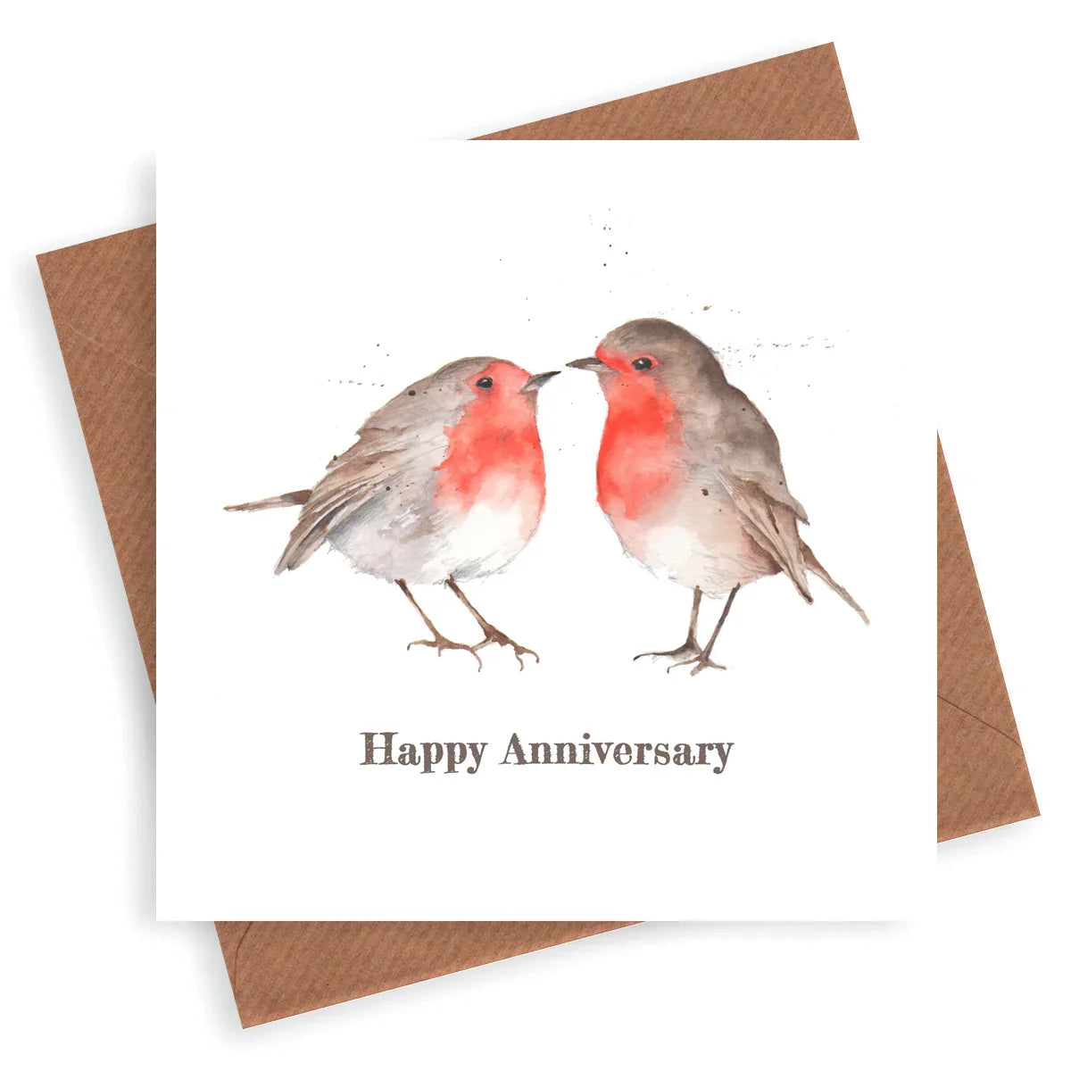 Watercolor anniversary card with two robins and Happy Anniversary text, brown envelope
