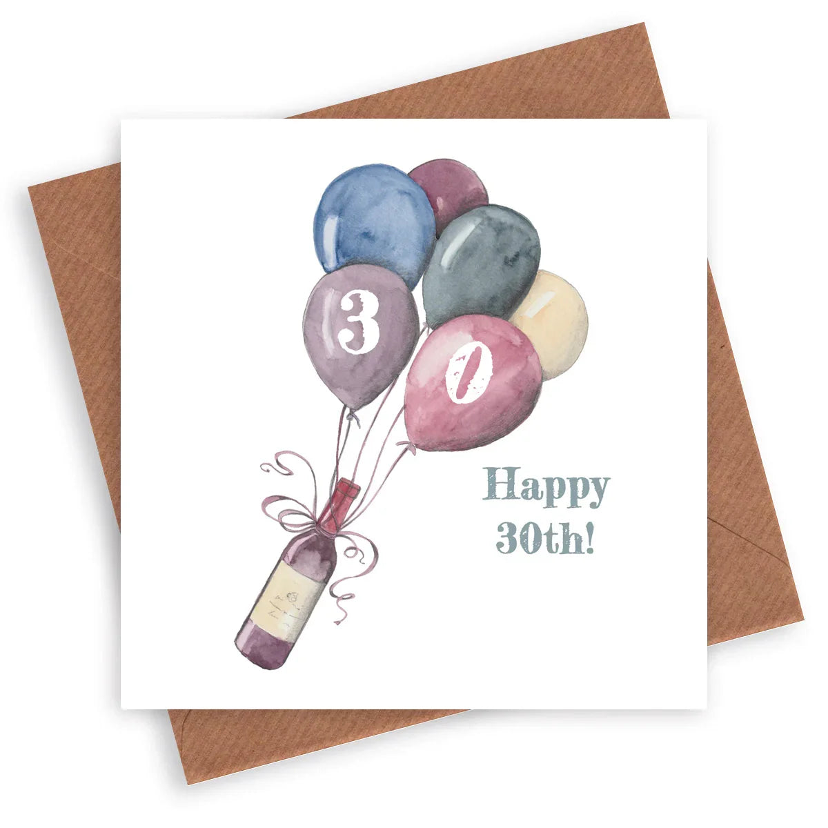30th birthday card with wine bottle and balloons illustration, text 'Happy 30th!'