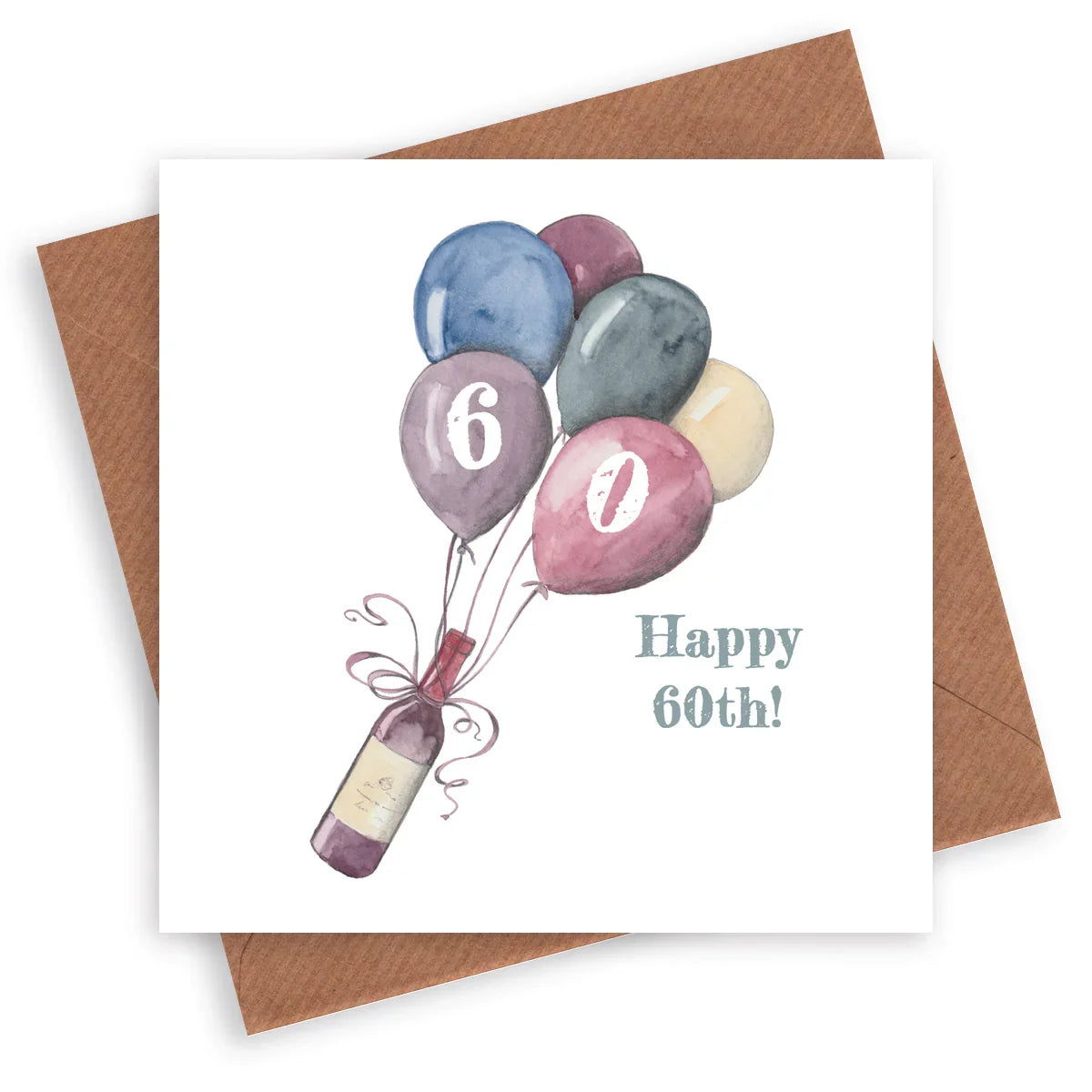60th birthday card with wine bottle and colorful balloons, watercolor design, brown envelope