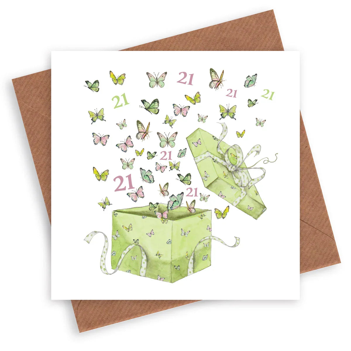 21st birthday card with butterflies flying from a green gift box on white background