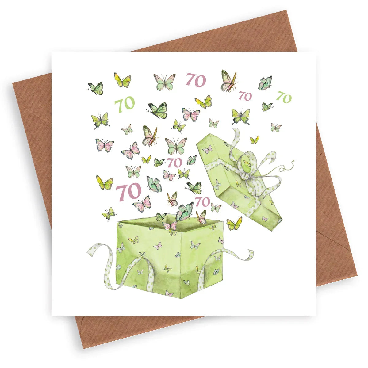 70th birthday card with butterflies emerging from a green gift box, watercolor illustration