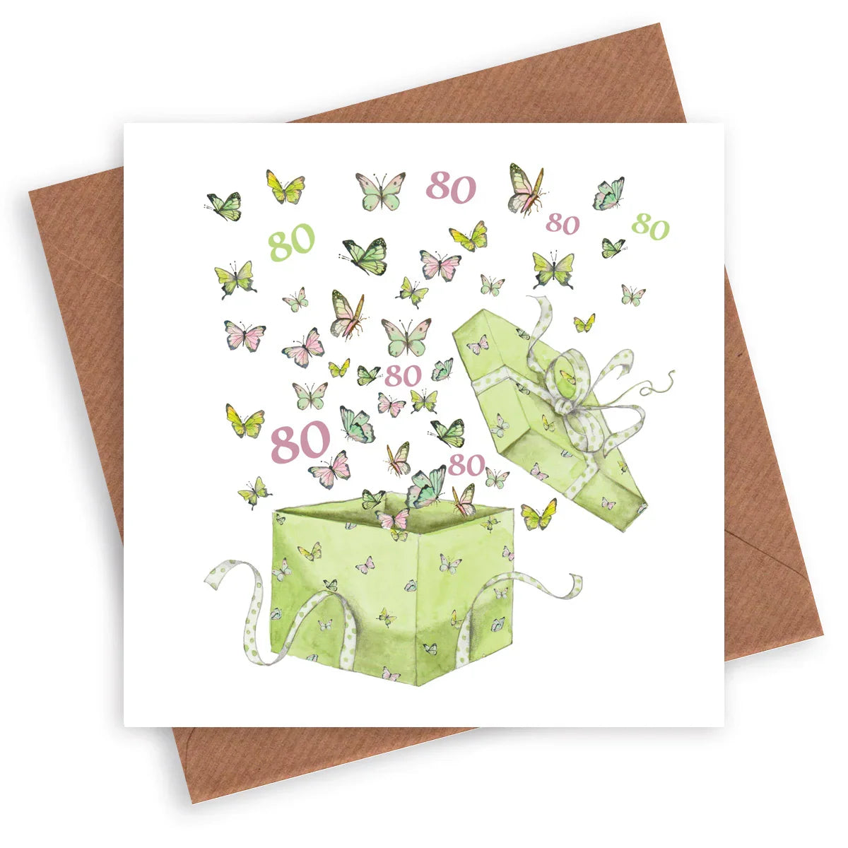 80th birthday card with butterflies flying from a green gift box illustration