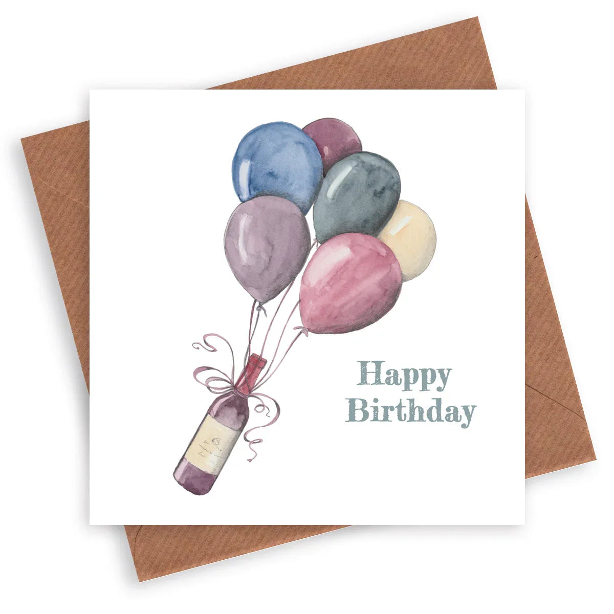 Handcrafted happy birthday card with watercolor balloons attached to a wine bottle.
