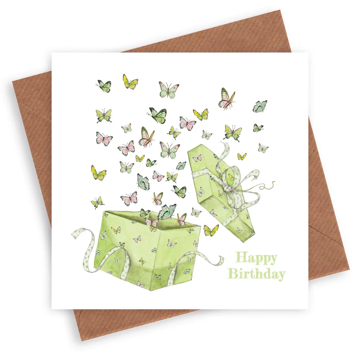 Happy Birthday card with watercolor butterflies flying from green gift box, brown envelope