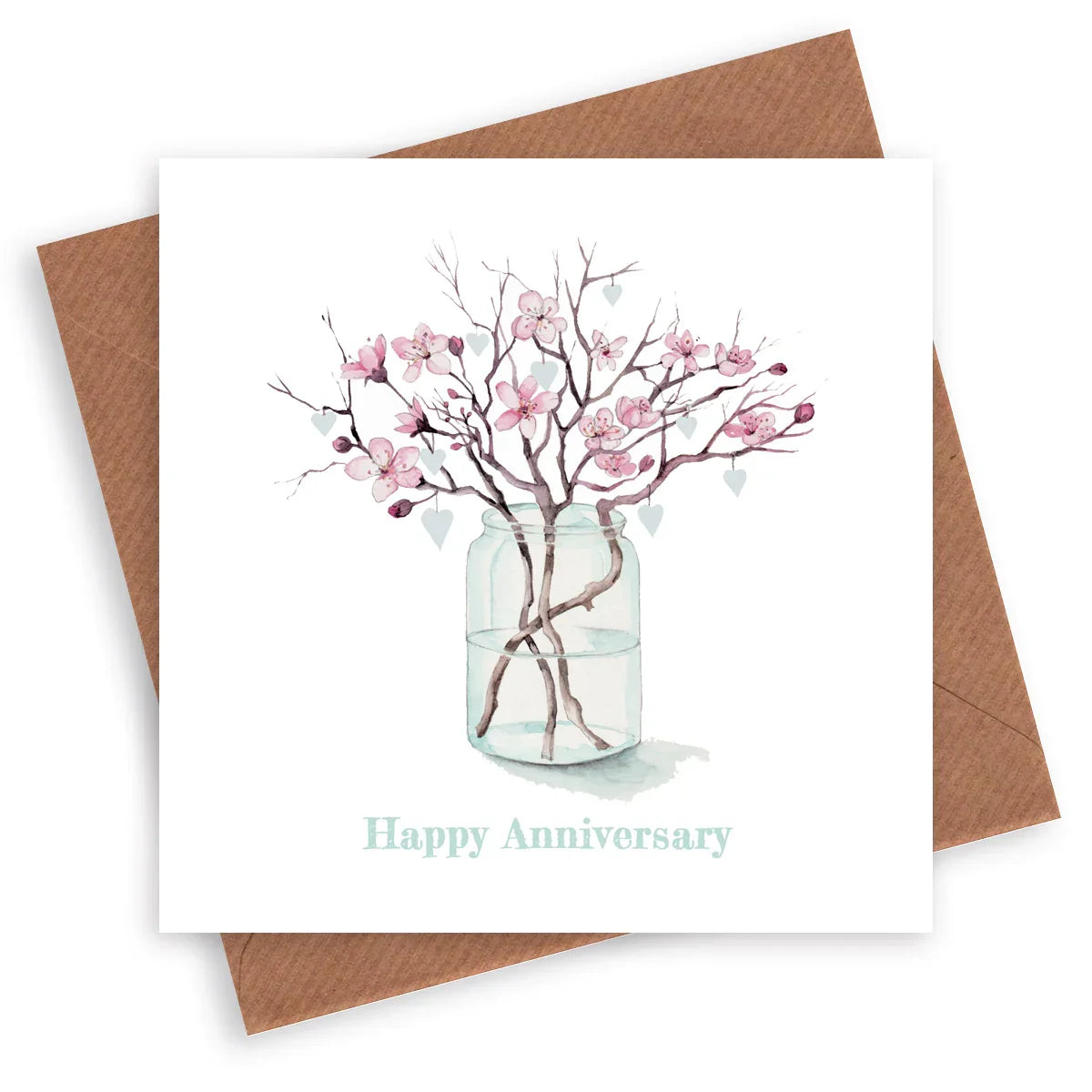 Happy Anniversary card with watercolor cherry blossom branches in a jar and heart charms.