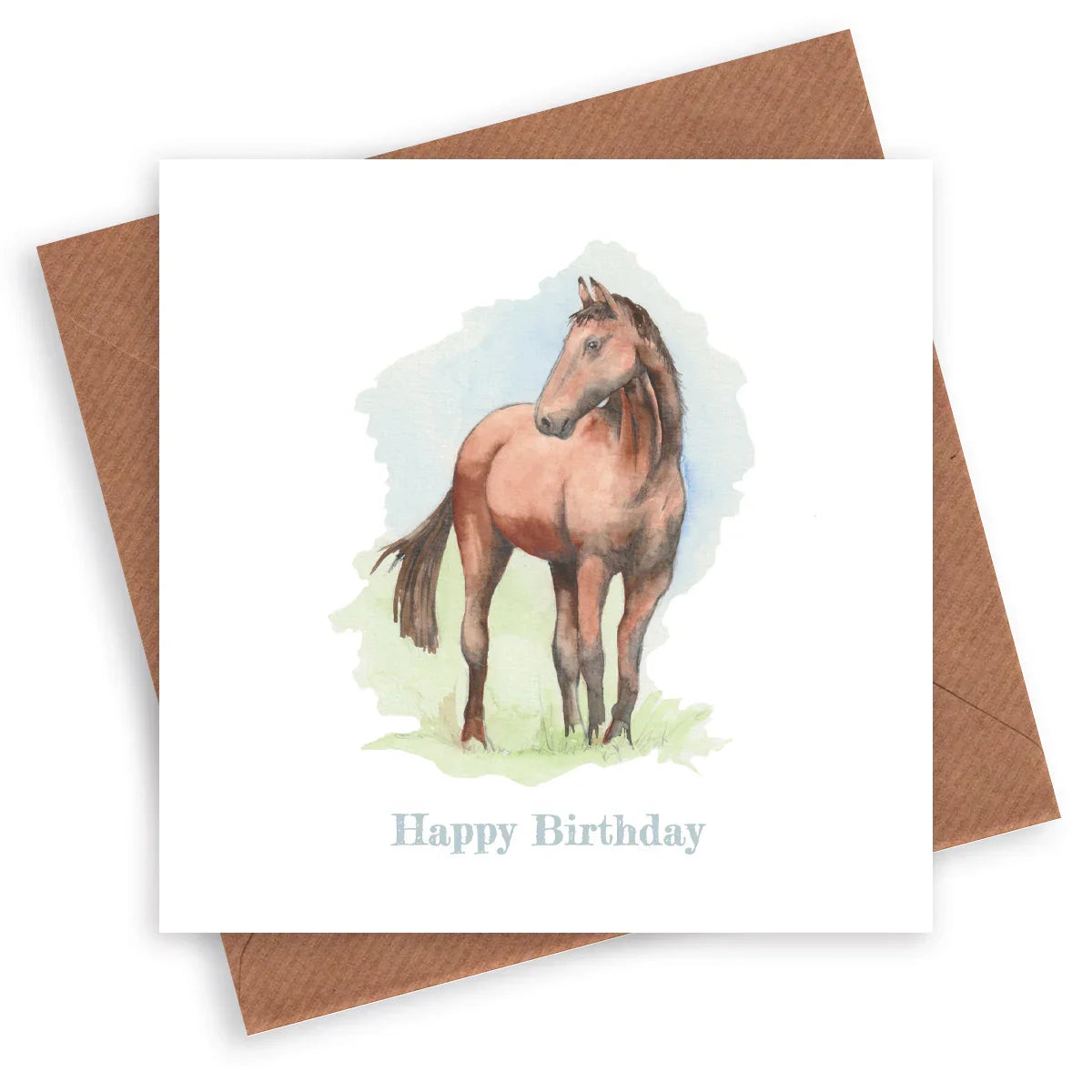 Watercolor horse birthday card on brown envelope, elegant illustrated animal greeting