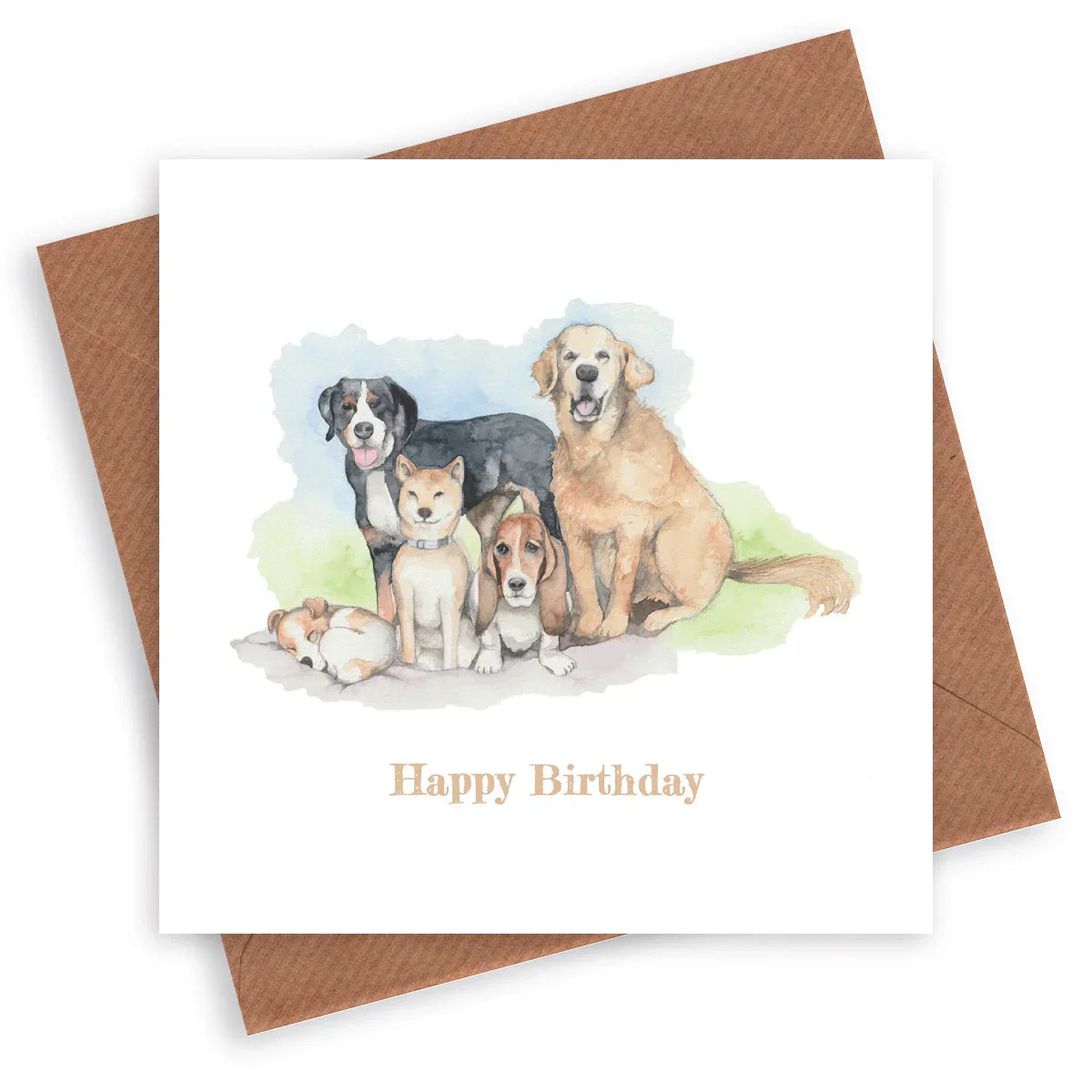 Birthday card with watercolor illustration of five dogs and gold Happy Birthday text