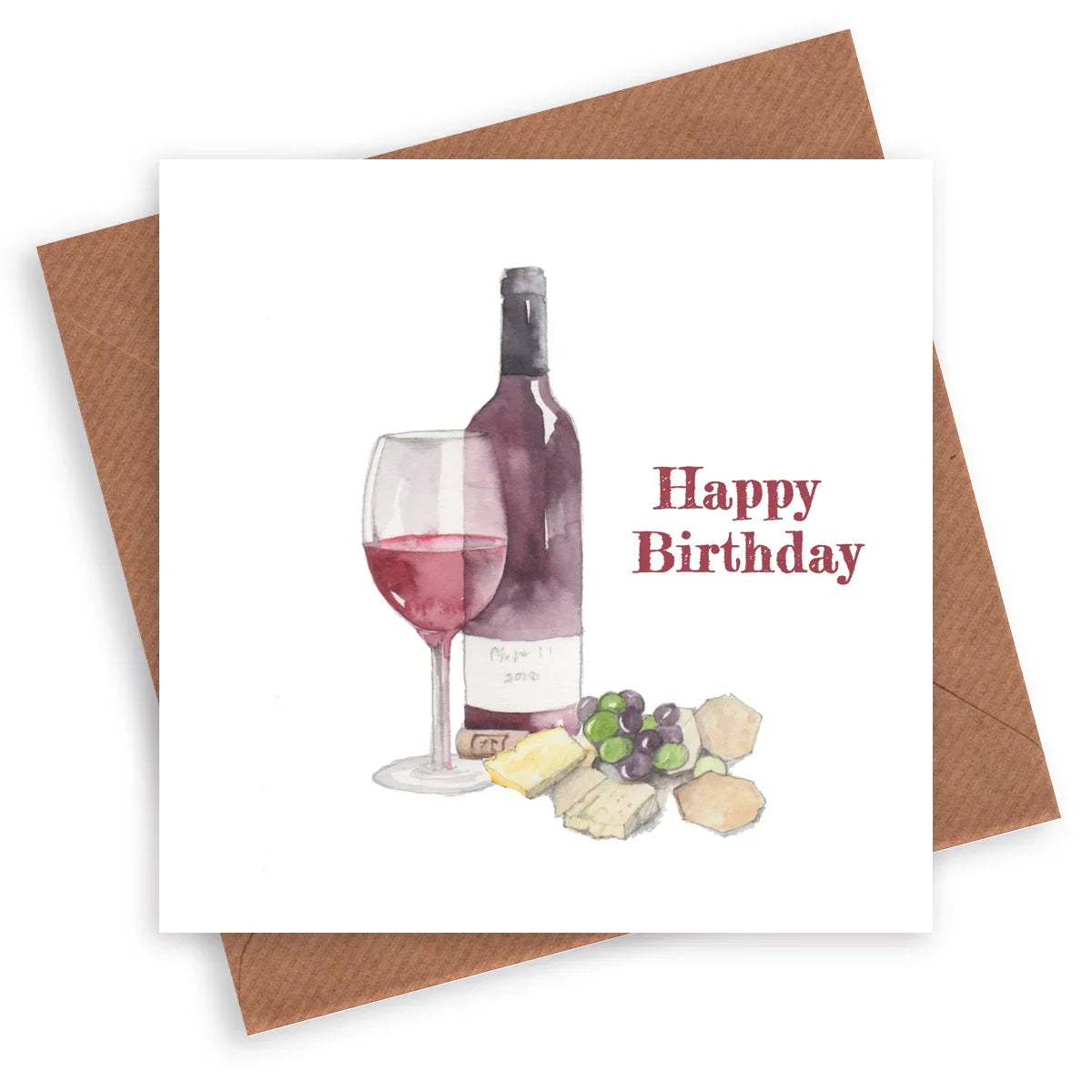 Birthday card with wine bottle, glass, cheese, grapes, and Happy Birthday text