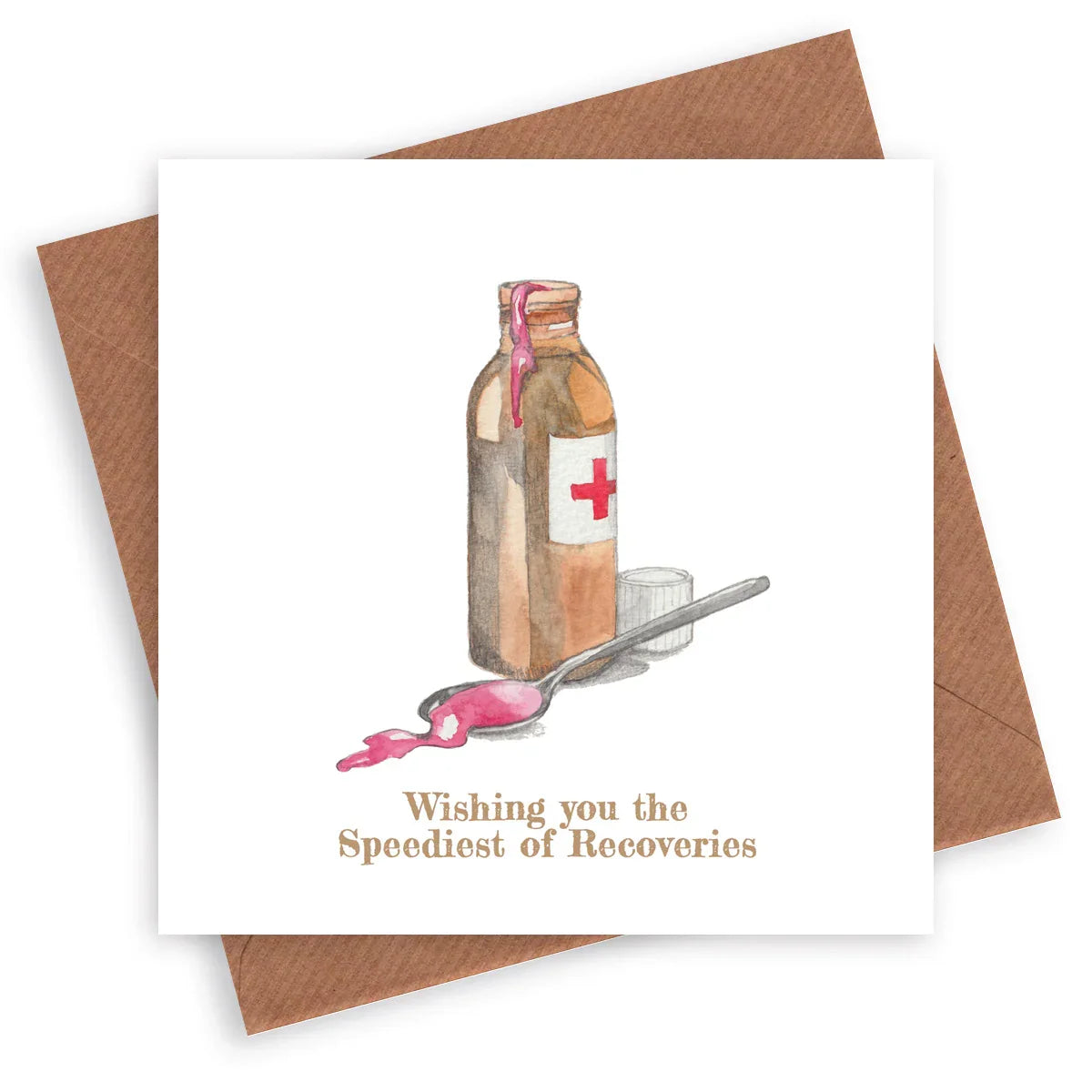 Get well soon card with medicine bottle, spoon, and 'Wishing you the Speediest of Recoveries' text