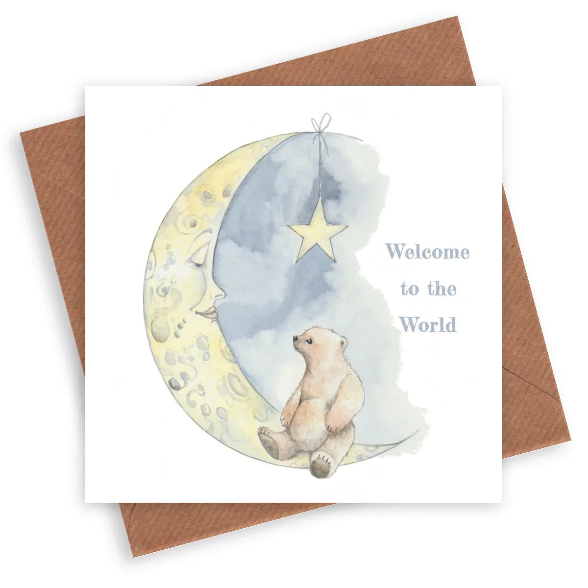 New baby card with bear sitting on crescent moon, hanging star, text 'Welcome to the World'.