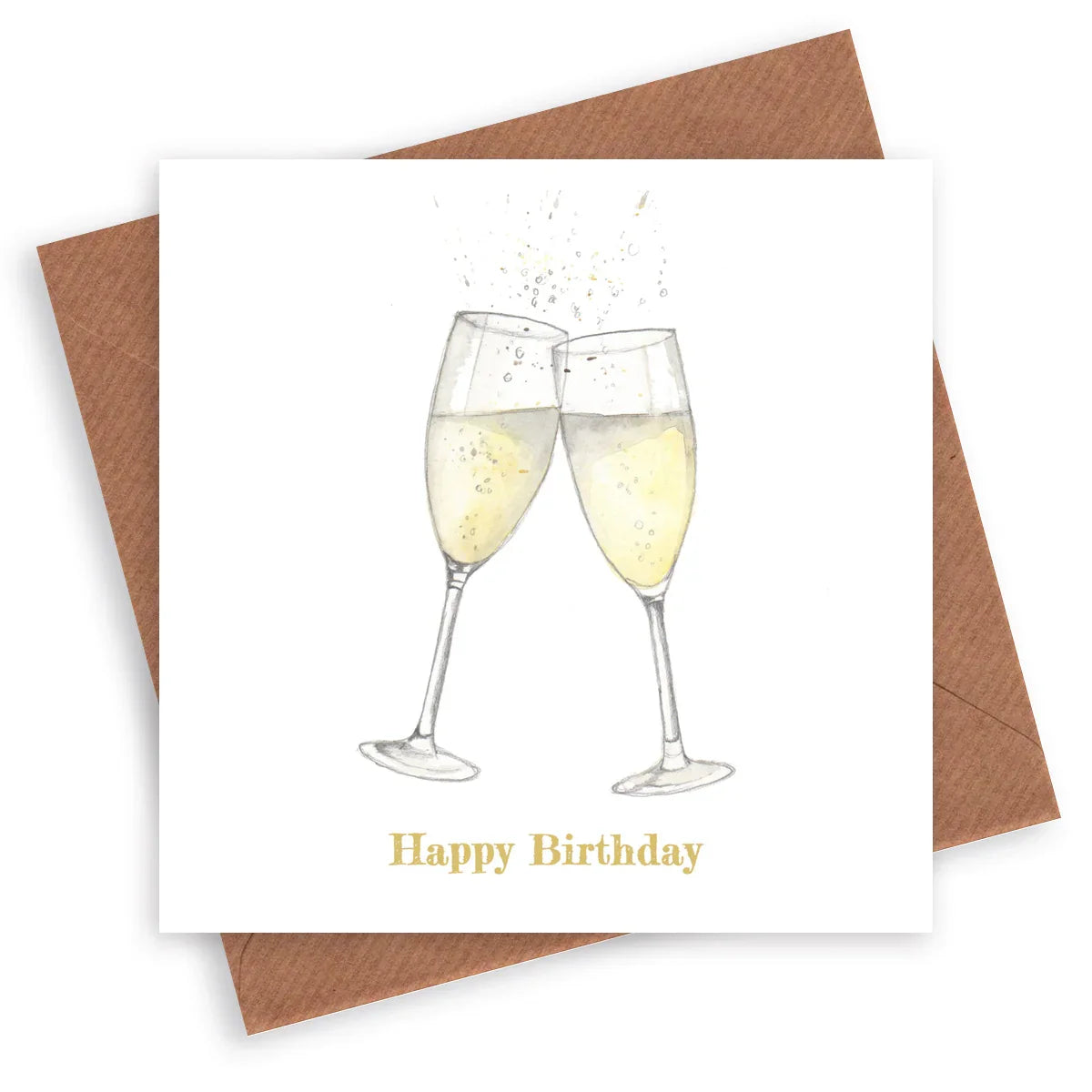 Birthday card with two illustrated champagne glasses clinking and 'Happy Birthday' text