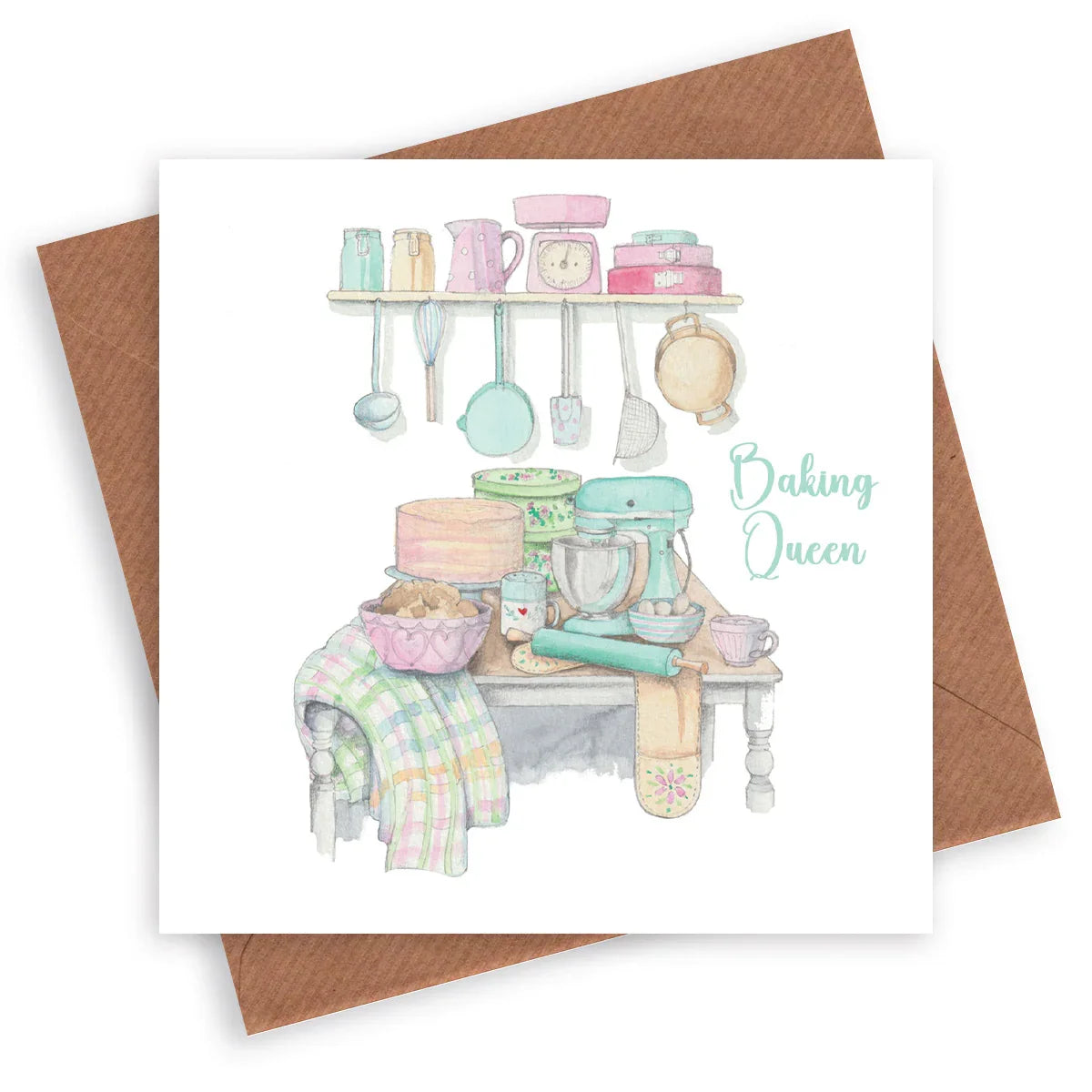 Handcrafted card with baking utensils, mixer, cake, and 'Baking Queen' text, baking gift
