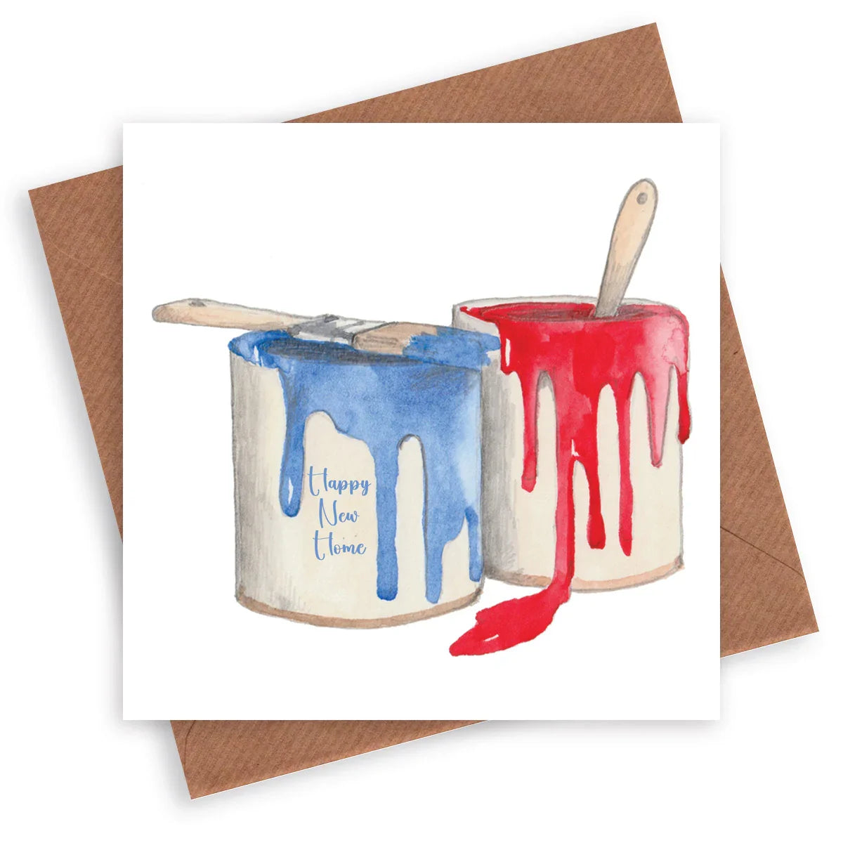 Greeting card with two paint cans, one blue and one red, and 'Happy New Home' text.