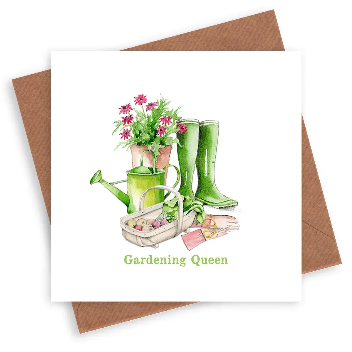 Gardening Queen card with green boots, watering can, flowers, gloves, basket and trowel illustration