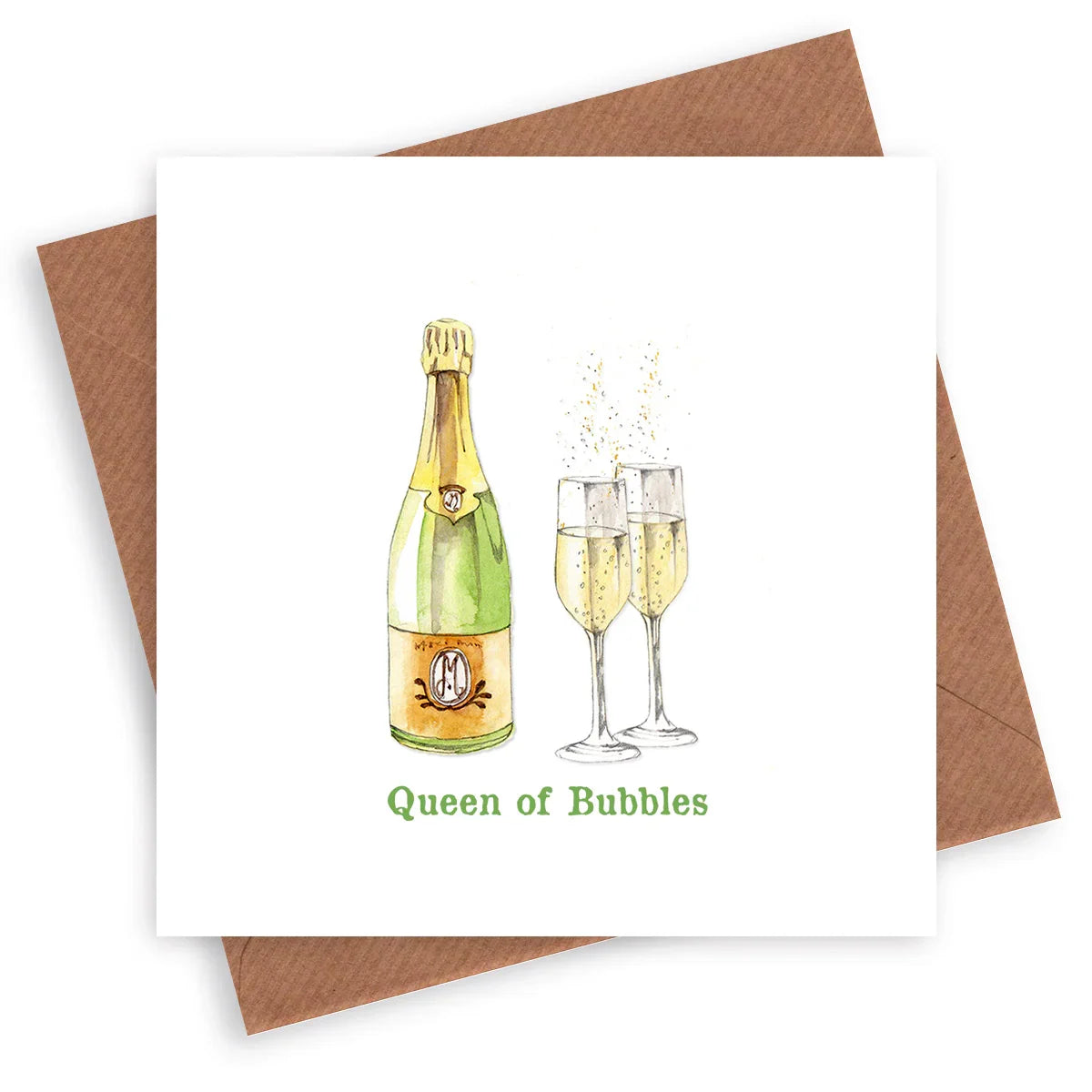 Greeting card with champagne bottle, two flutes, and 'Queen of Bubbles' text
