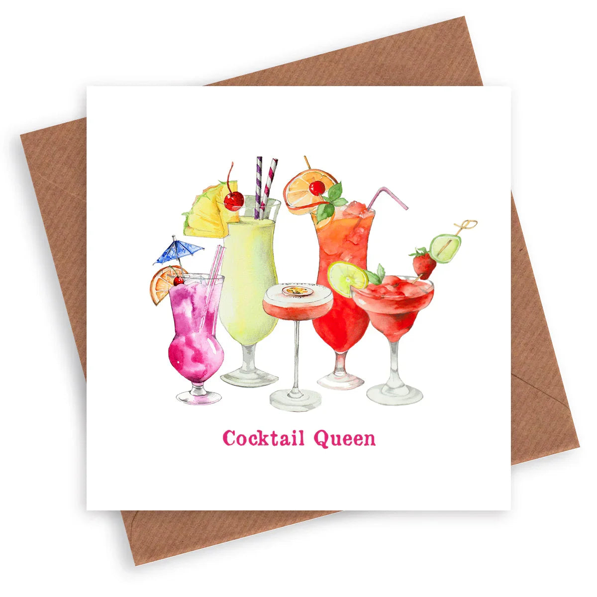 Greeting card with watercolor cocktails and text 'Cocktail Queen', brown envelope behind