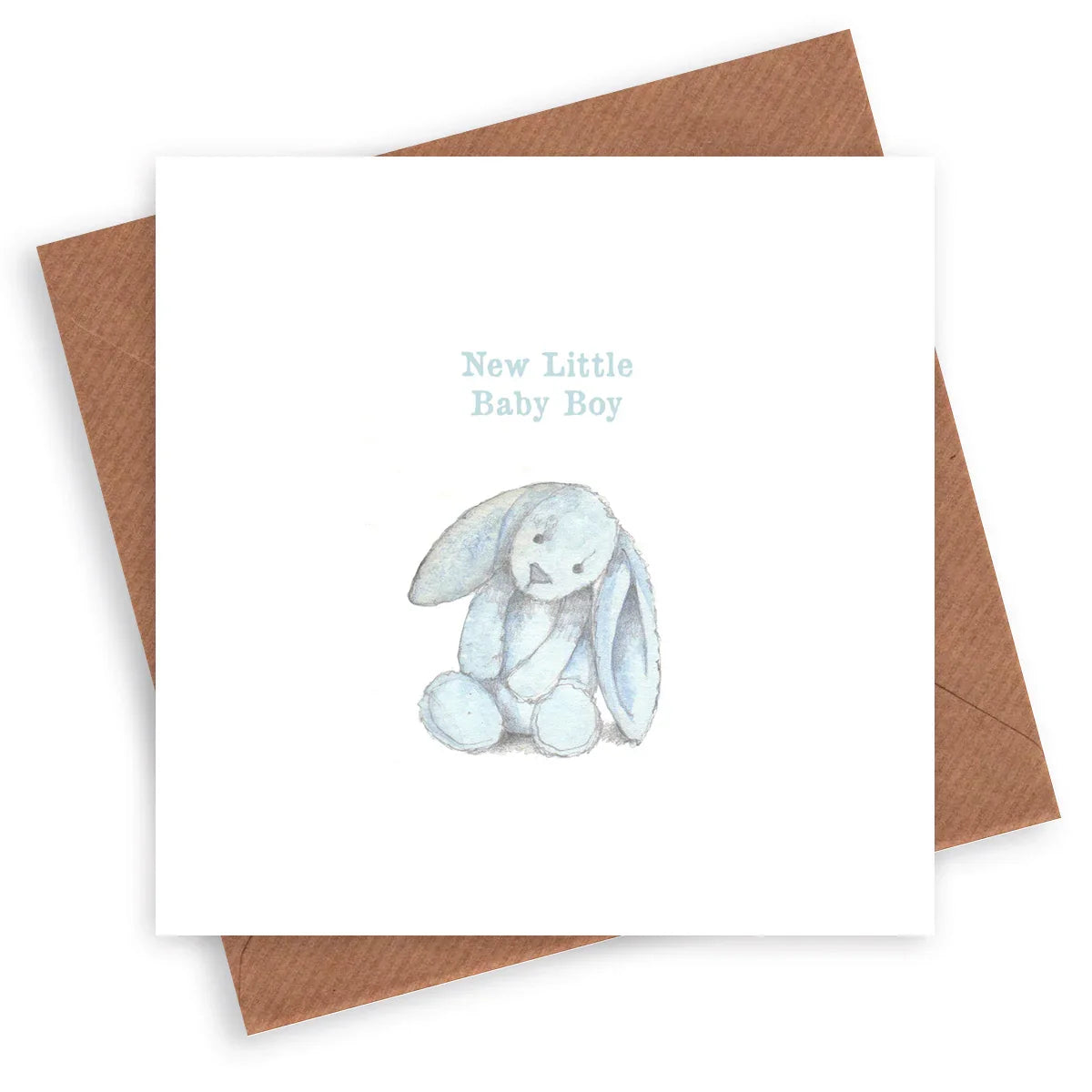 New baby boy greeting card with watercolor blue bunny and kraft envelope