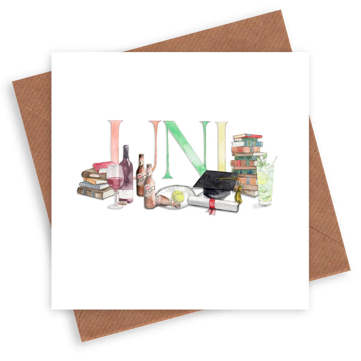 Handcrafted university graduation card with books, drinks, and graduation cap illustration